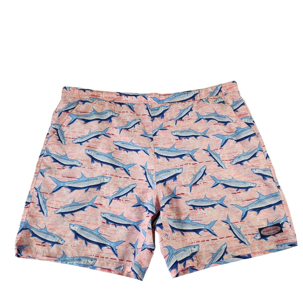 Vineyard Vines Men XL Pink Tarpon Fish Print Swim Trunks Mesh Lined Board Shorts